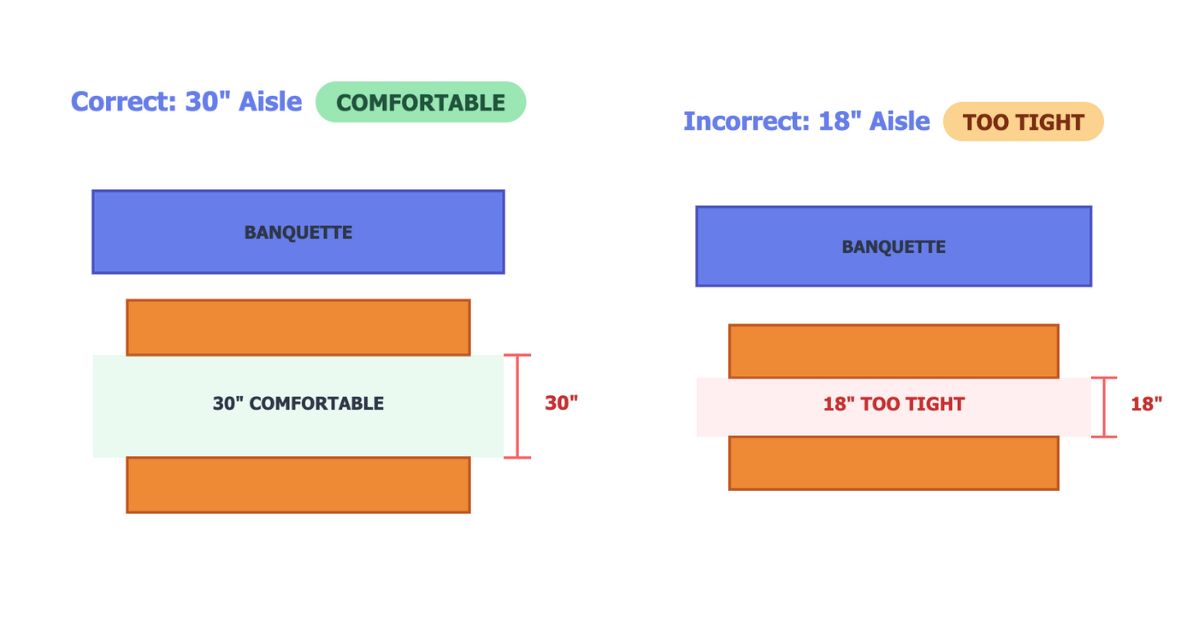 correct vs mistake banquette seating CAD spacing diagram
