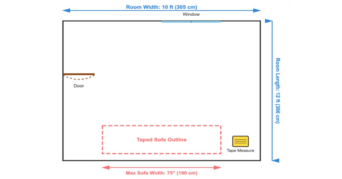Empty room with wall lengths and door showing how to measure