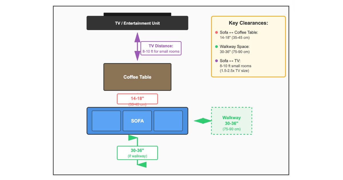 sofa, coffee table, tv unit with arrows showing distances