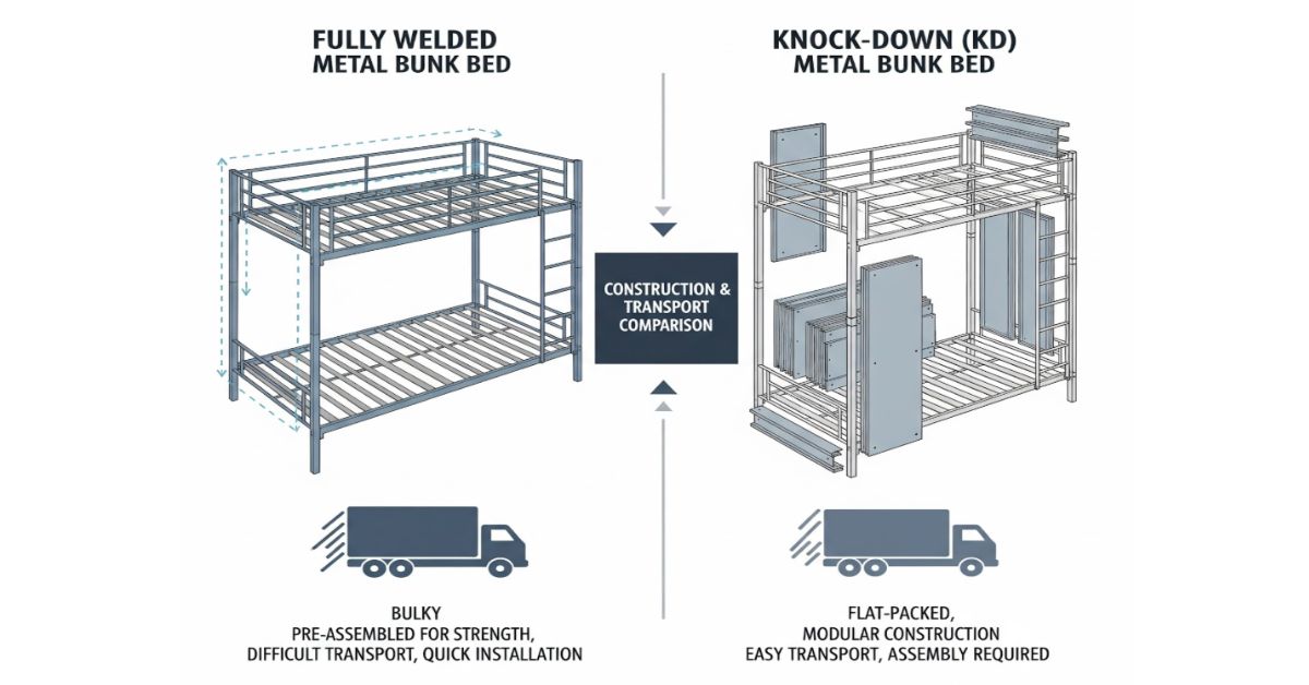 Comparison image of a welded bunk bed vs a knock-down bunk bed