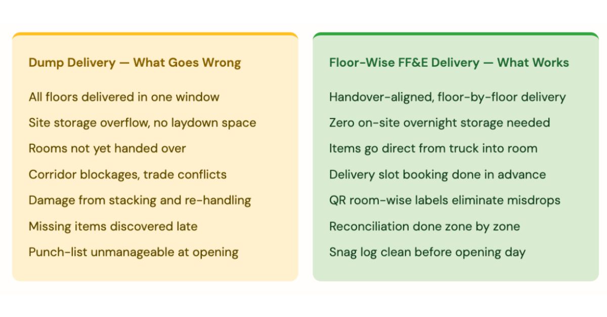 Dump Delivery vs Floor-Wise FF&E Delivery Sequencing Dubai