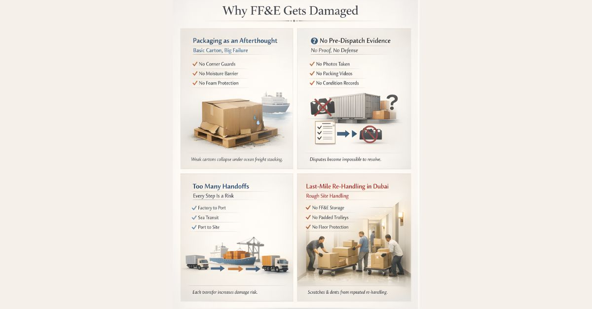 hotel FF&E shipping damage prevention Dubai