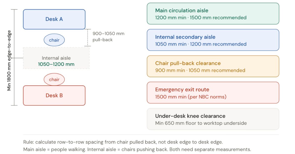 Back-to-back rows need minimum 1800 mm from worktop edge to worktop edge.