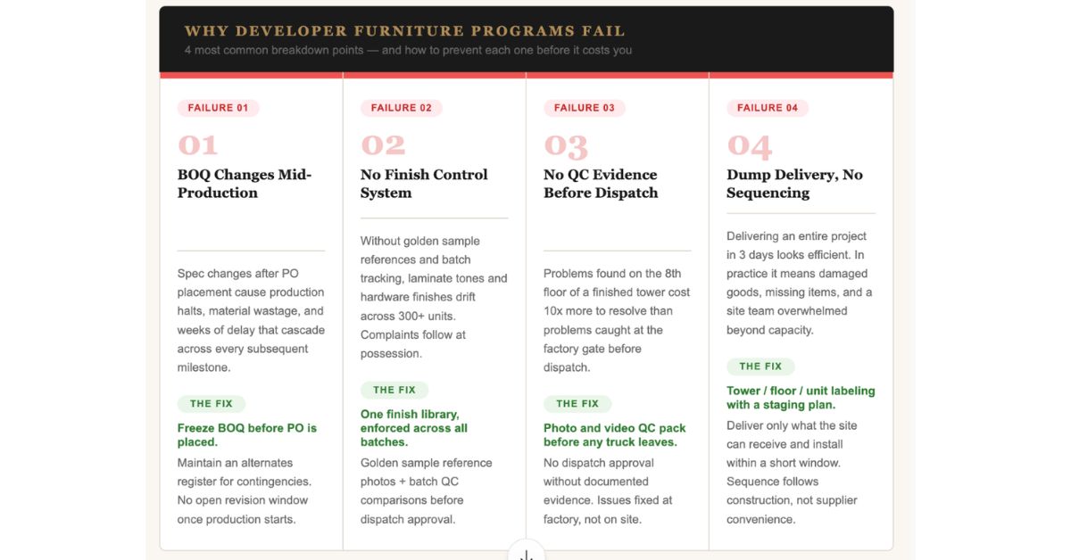 4 Failure Points with Fix arrows: BOQ Changes/No Finish Control/No Pre-Dispatch QC/Dump Delivery