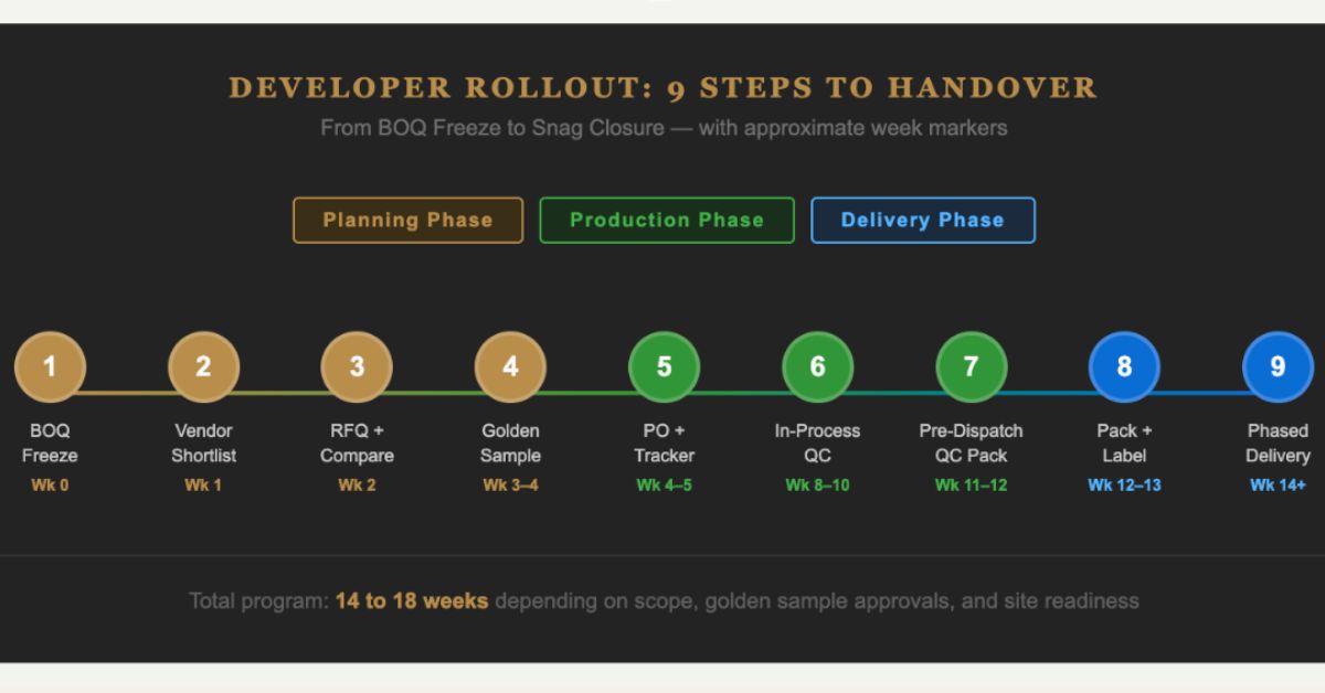 Timeline showing 9 milestones from BOQ Freeze to Snag Closure