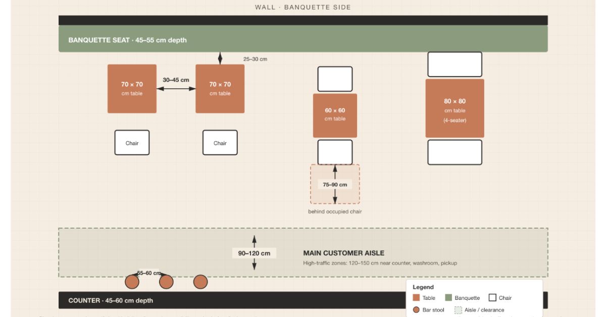 coffee shop seating layout with chair clearance and aisle width