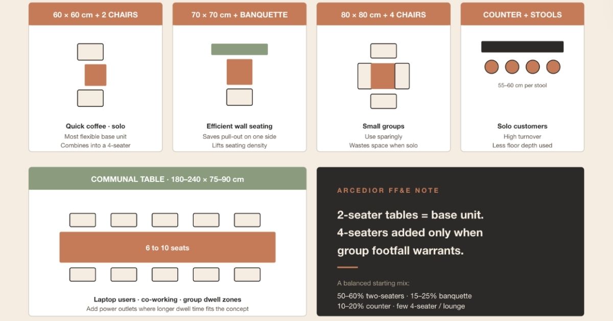 coffee shop table size pairing chart