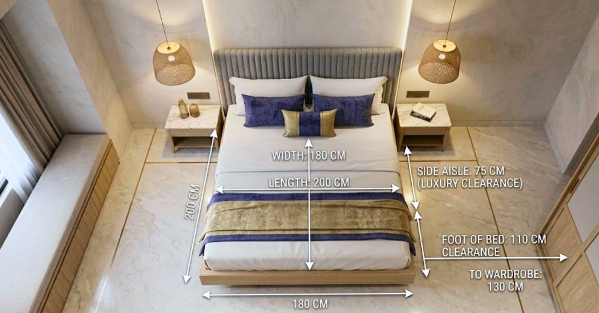 Top view of standard king-size bed dimensions in a luxury Indian master bedroom