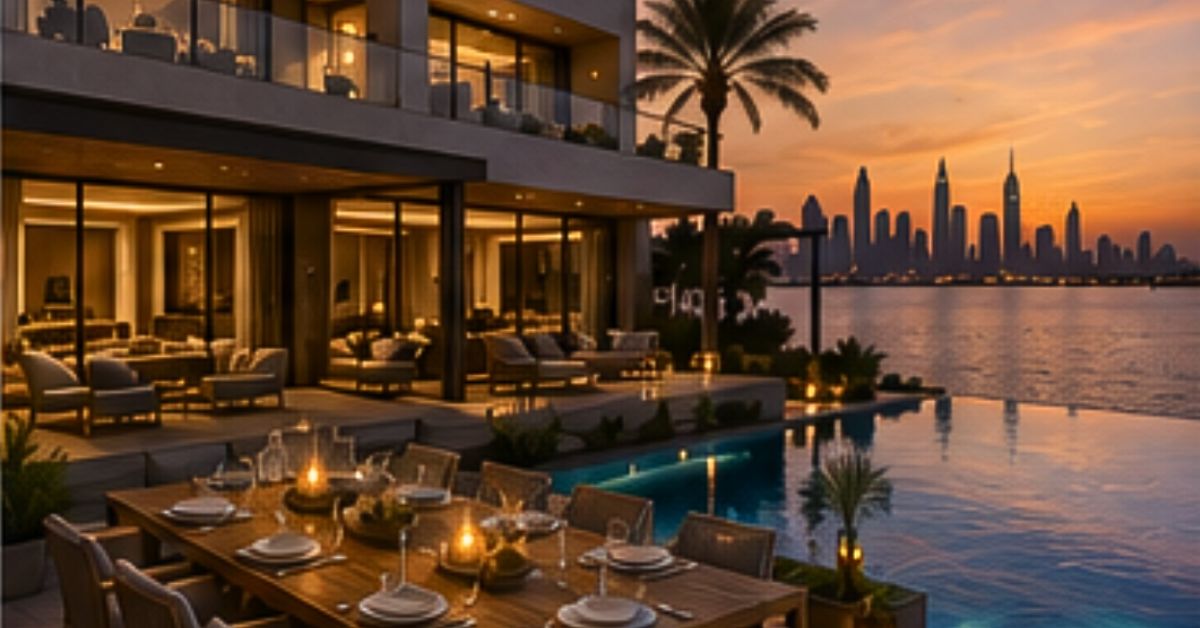 pool terrace outdoor furniture layout Palm Jumeirah