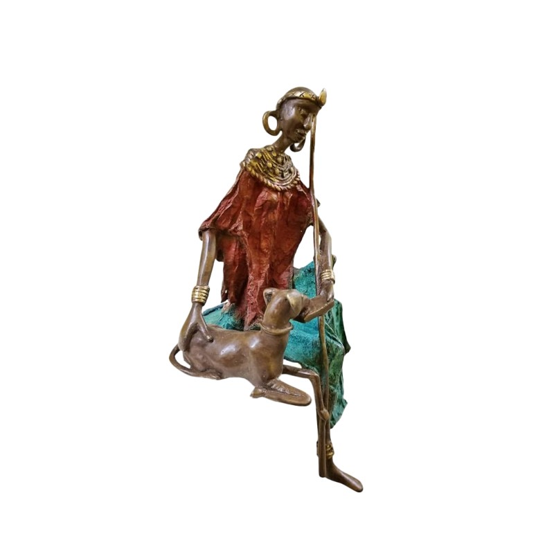 West African Burkina Faso Bronze Masai Woman feeding her dog  - House of Avana 