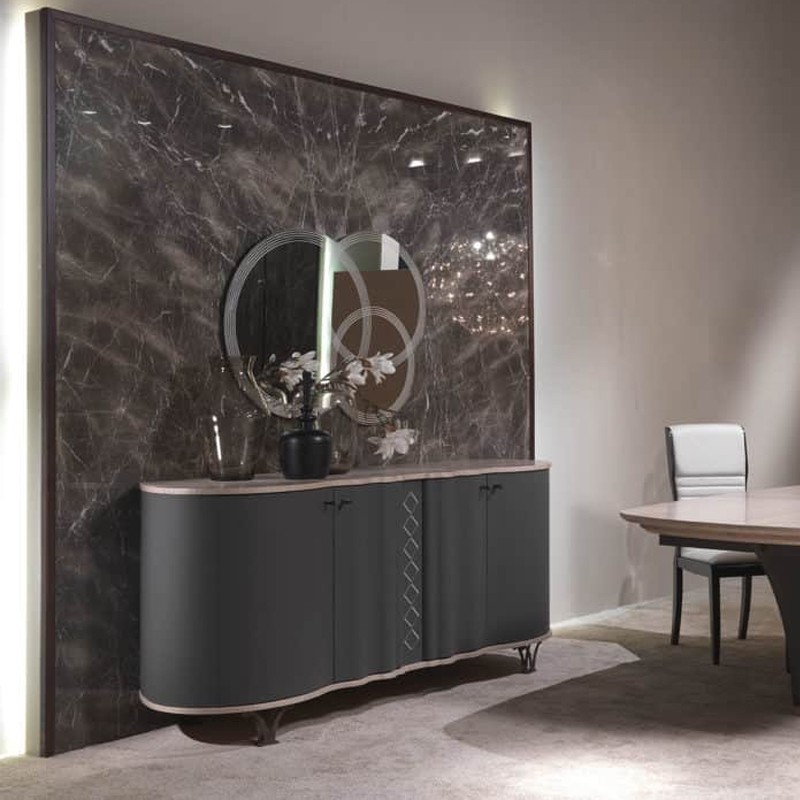 Mistral high Sideboard coated in leather with top in Sycomoro Carpanelli
