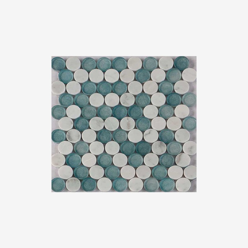 Soft Texture Glass And Carrara Penny Round Mosaic Arvex