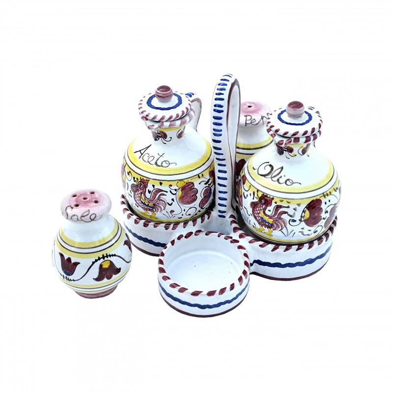 Cruette Oil Vinegra Salt Pepper - Decor Galletto Red Antica Deruta