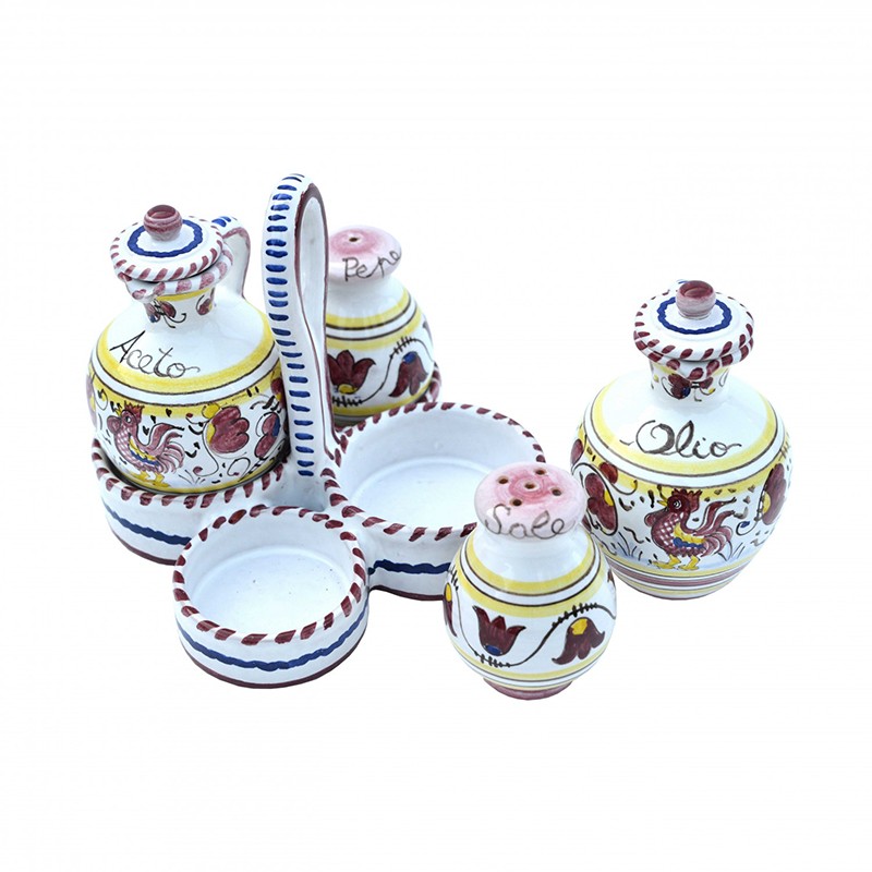 Cruette Oil Vinegra Salt Pepper - Decor Galletto Red  - Antica Deruta 
