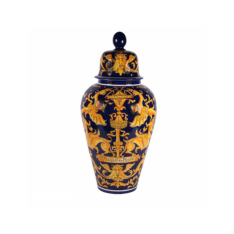 Big Vase/Poutique With Ceramic Base - Decor Grottesche Fondo Blu Antica Deruta