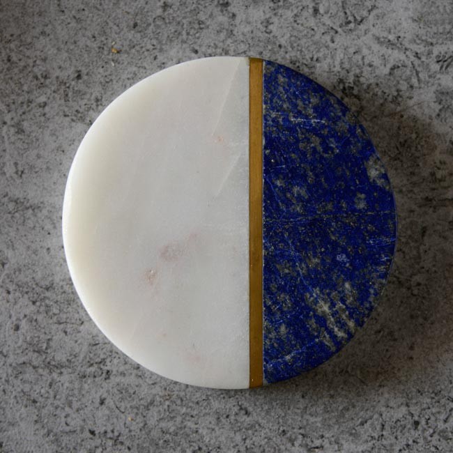 Royal Blue & White Natural Marble With Brass Line Coasters Set of 4 The Decor Remedy