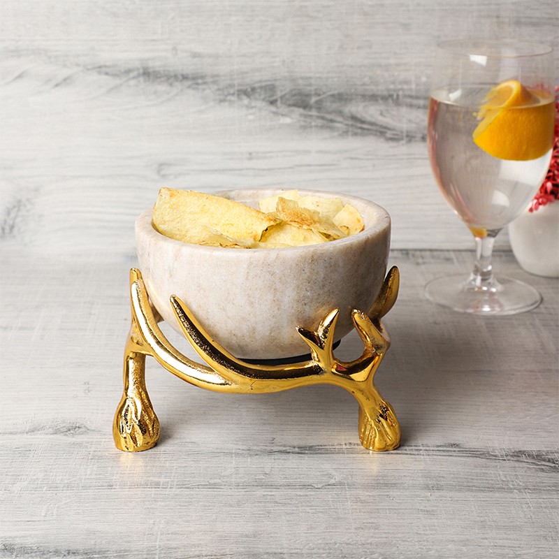 Beige Marble 5 Inch Bowl With Gold Antler Stand NikkisPride