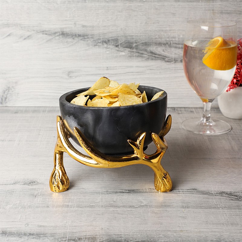Black Marble 5 Inch Bowl With Gold Antler Stand NikkisPride
