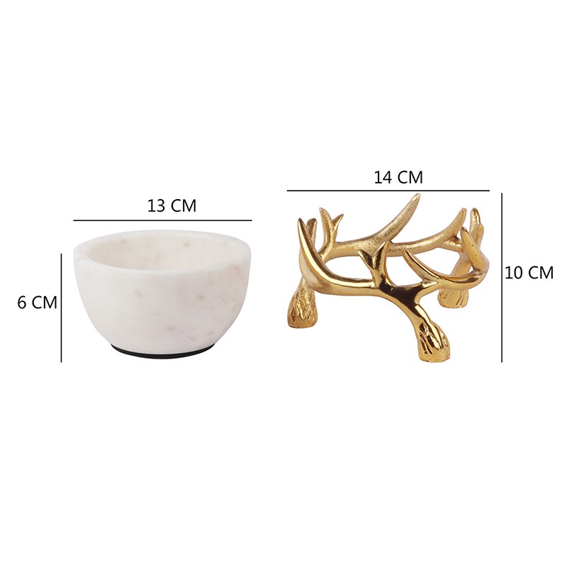 White Marble 5 Inch Bowl With Gold Antler Stand  - NikkisPride 