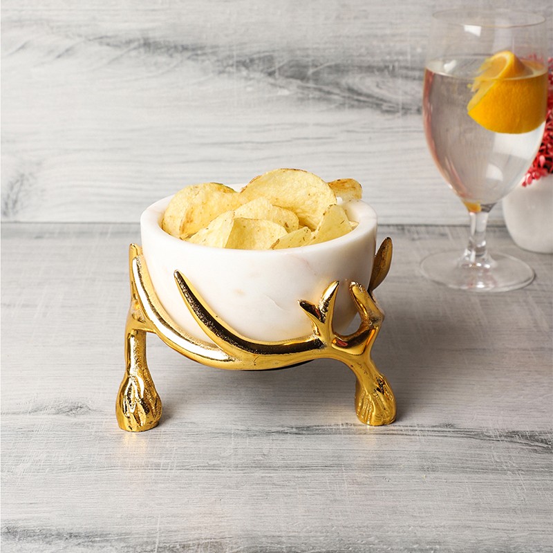 White Marble 5 Inch Bowl With Gold Antler Stand NikkisPride