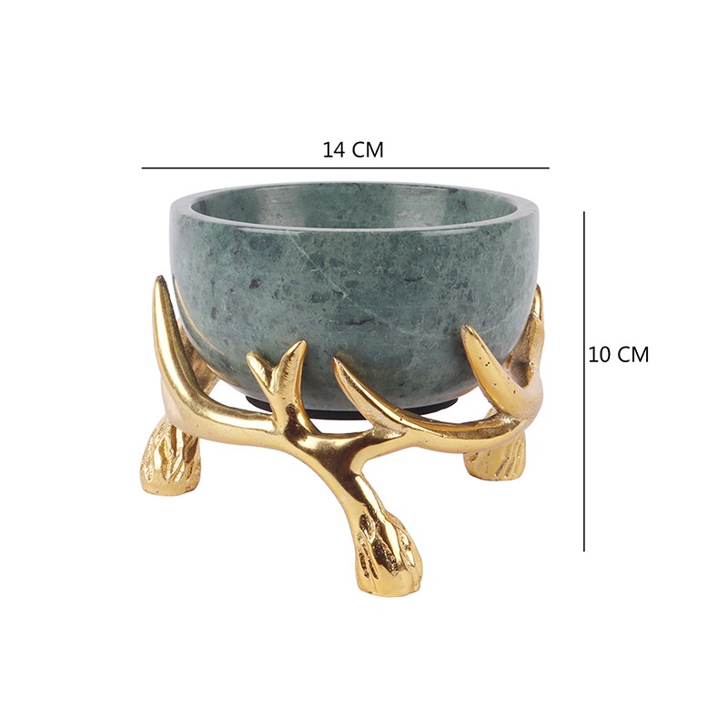 Green Marble 5 Inch Bowl With Gold Antler Stand  - NikkisPride 