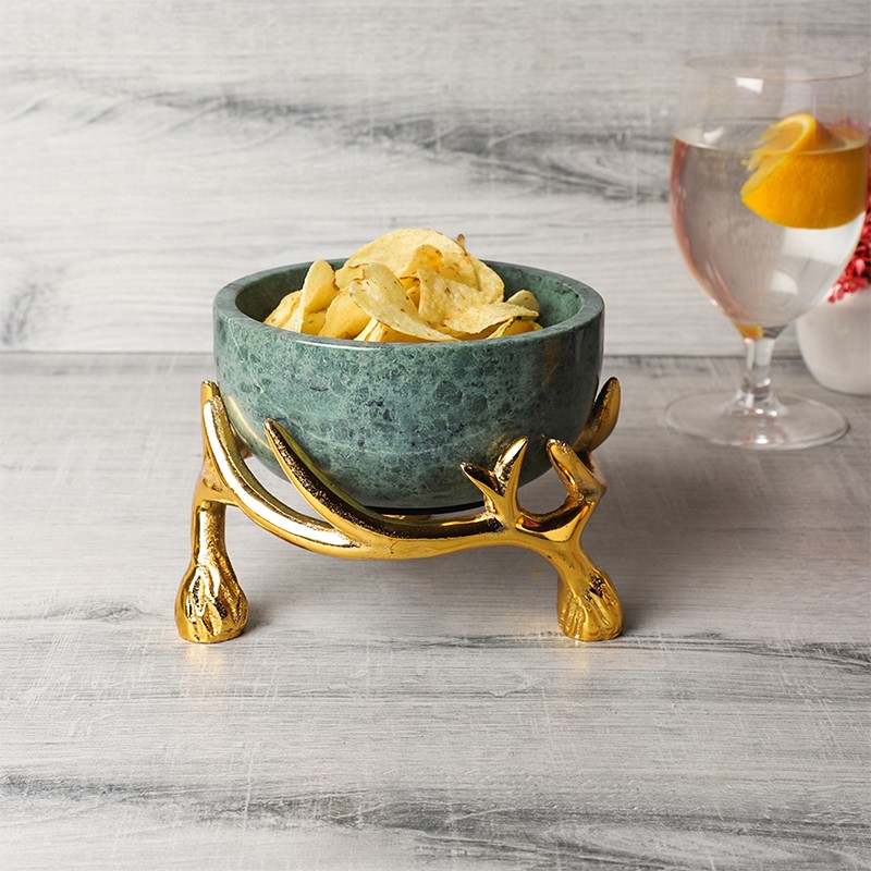 Green Marble 5 Inch Bowl With Gold Antler Stand NikkisPride