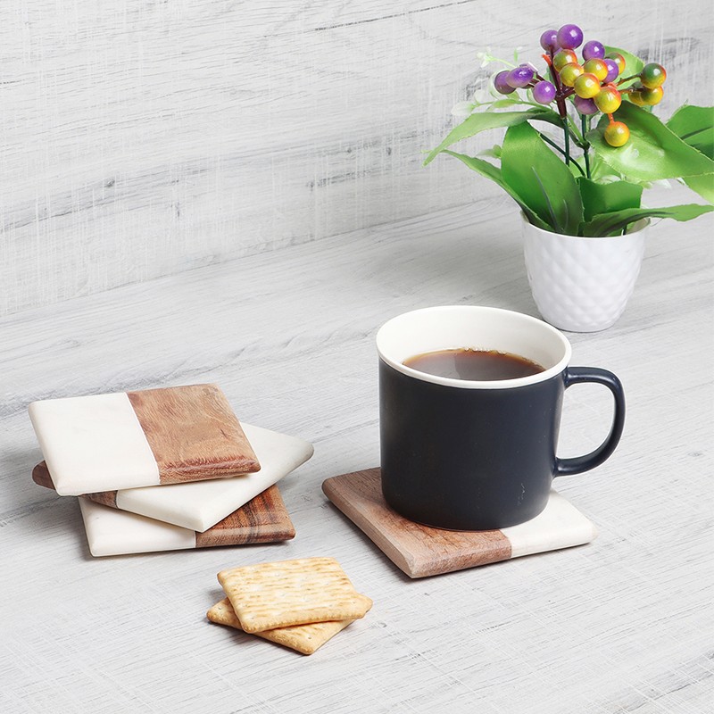 Marble And Wood Coaster Square Shape Set Of 4 NikkisPride