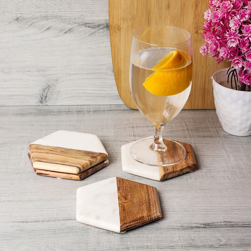 Marble and Wood Hexagon Shape Set of 4 NikkisPride