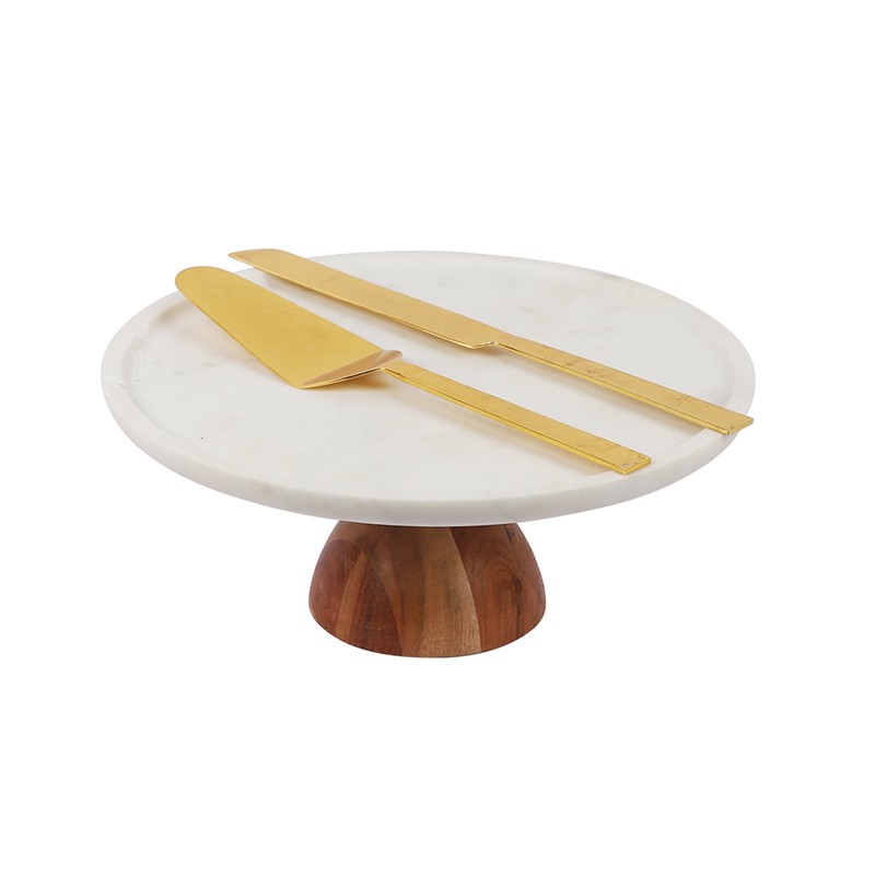 Marble Cake Stand With Wooden Stand Serving Pieces Set Of 03 NikkisPride