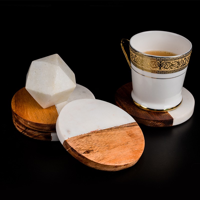 Marble Wood Round Half Marble Half Wood Coaster Set NikkisPride