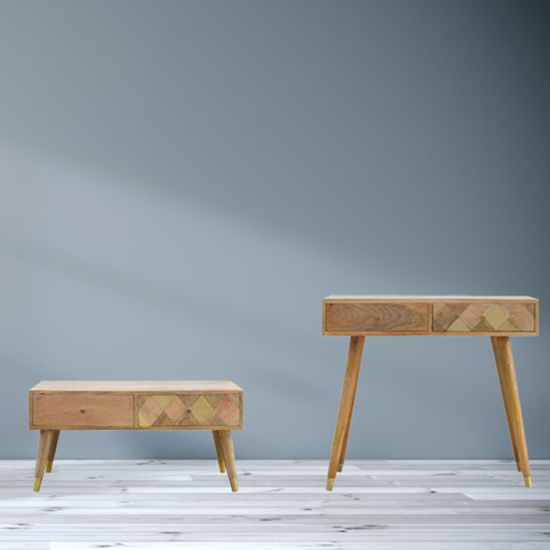 Oak-ish Gold Brass Inlay Console Table Artisan Furniture