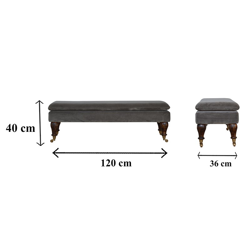 Grey Velvet Bench with Castor Feet  - Artisan Furniture 