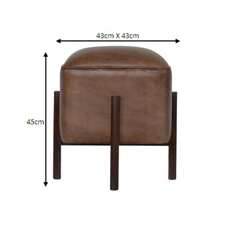 Brown Leather Footstool with Solid Wood Legs  - Artisan Furniture 