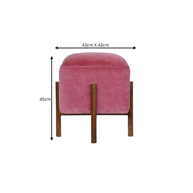 Pink Velvet Footstool with Solid Wood Legs  - Artisan Furniture 