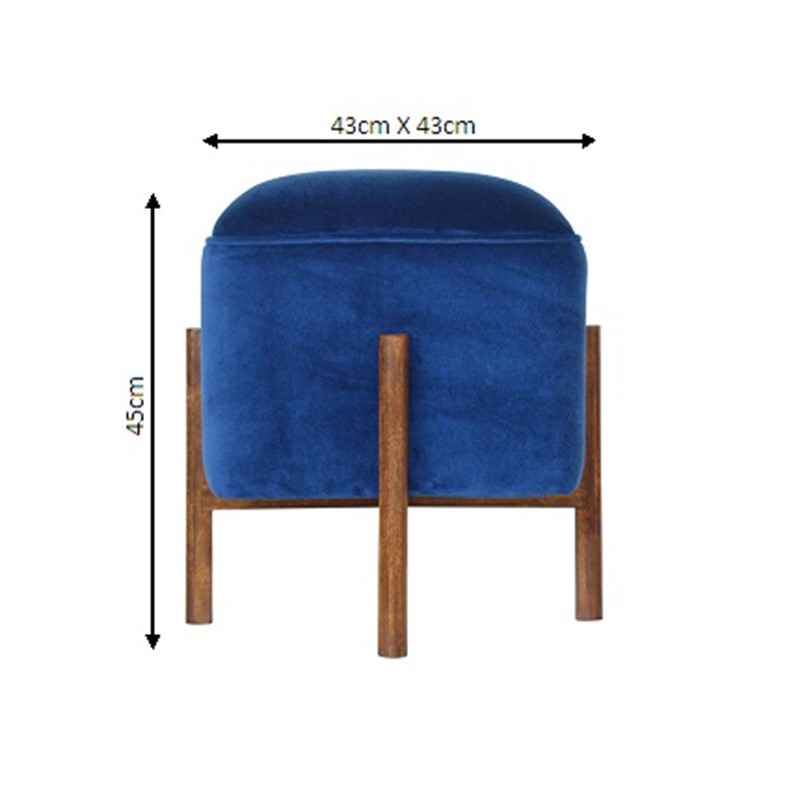Royal Blue Velvet Footstool with Solid Wood Legs  - Artisan Furniture 