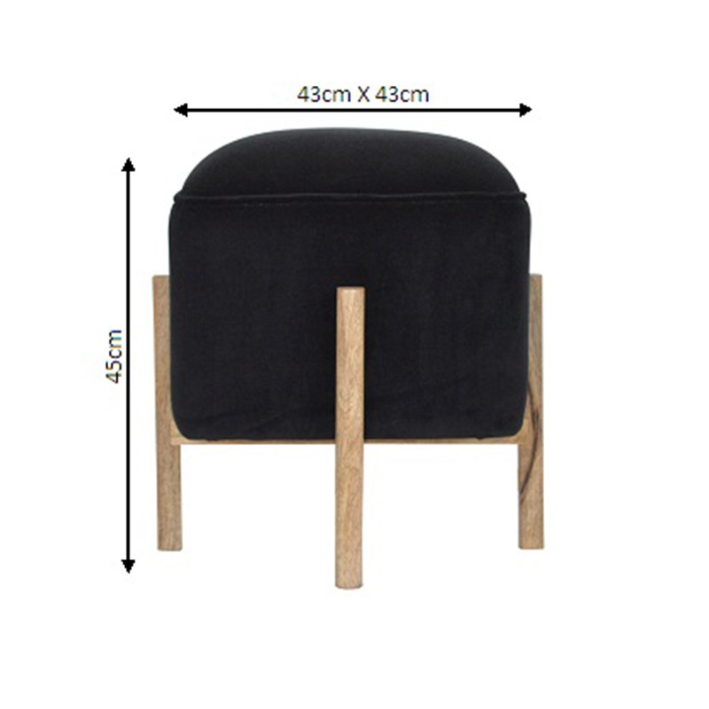 Black Velvet Footstool with Solid Wood Legs  - Artisan Furniture 