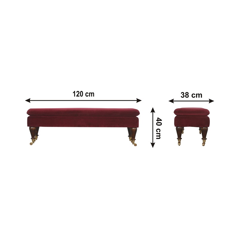 Wine Red Velvet Bench with Castor Feet  - Artisan Furniture 