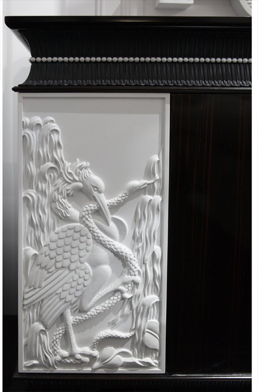 Dresser in Ebony Wood with White Fragments in Carving "Herons" Alexander's Collection
