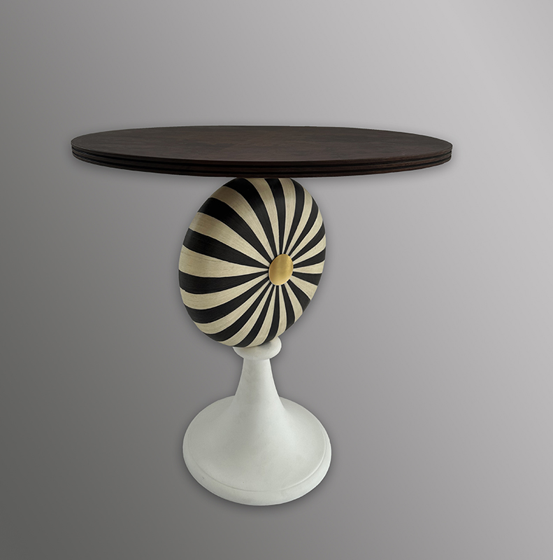 Modern Stripe Round Side Table 24K Gold Leaf Exotic Veneers Alexander's Collection