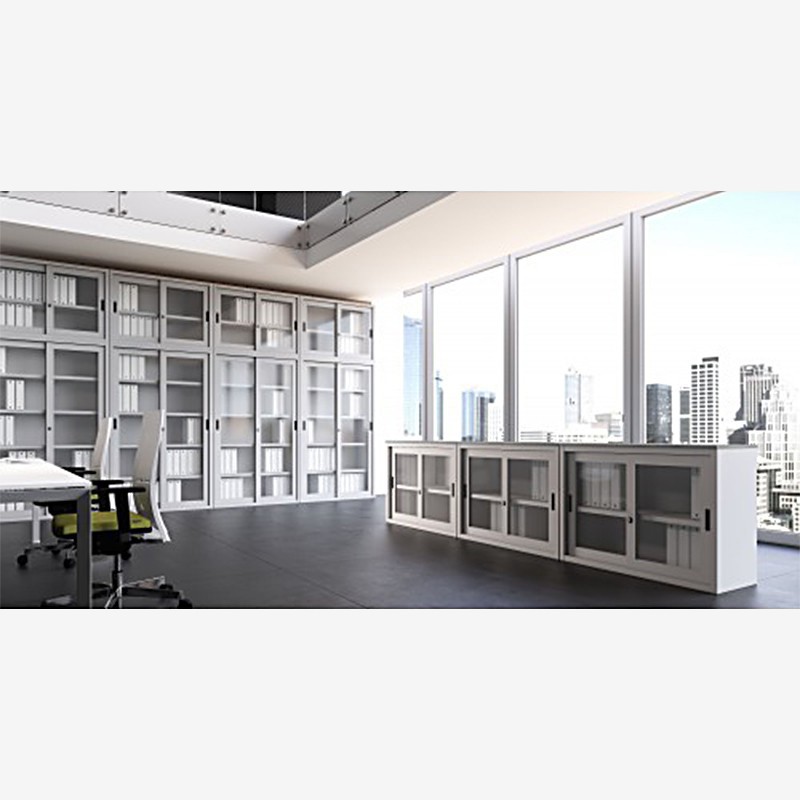 Low Metal Cabinet With Melamine Top And Sliding Glass Doors Castellani