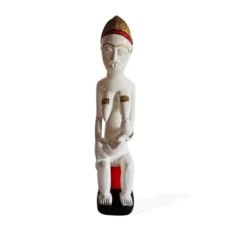 West African  Hand Carved Revived Balue Tribal Maternity Statue of a Mother nursing a Baby House of Avana