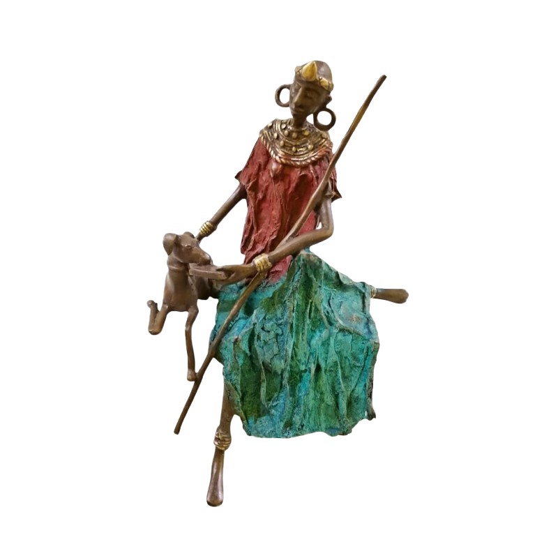 West African Burkina Faso Bronze Masai Woman feeding her dog House of Avana