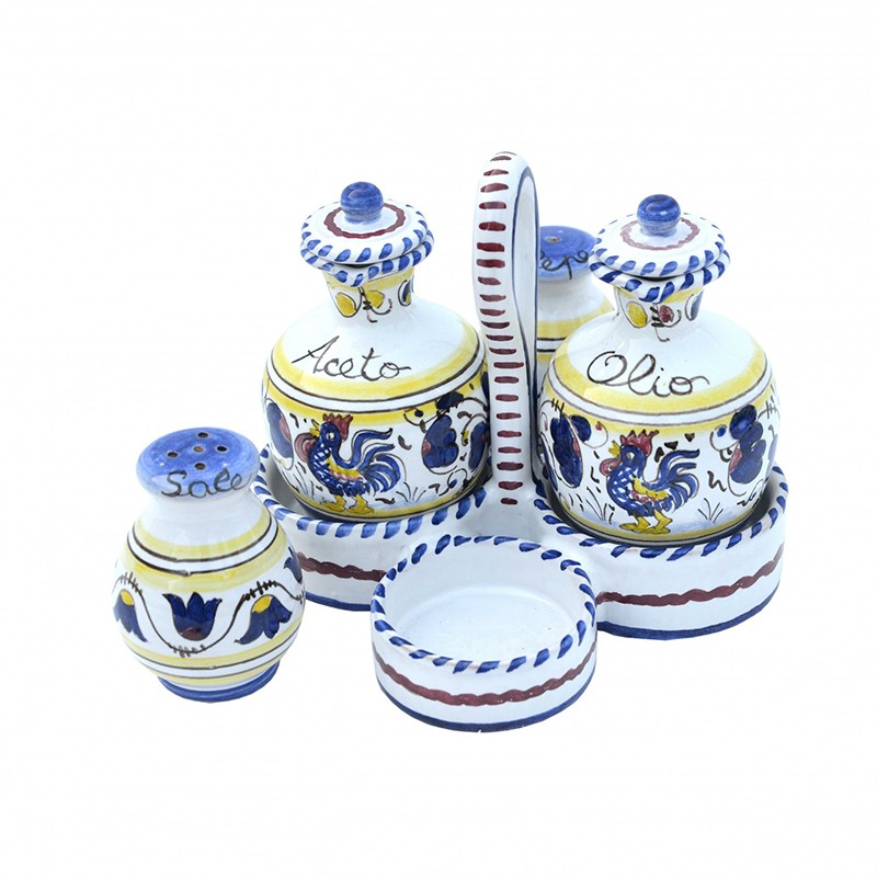 Cruette Oil Vinegar Salt Pepper - Decor Galletto Blu Antica Deruta