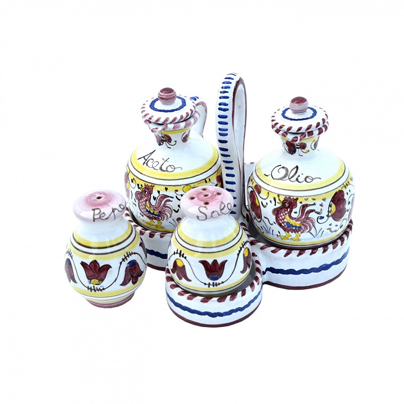 Cruette Oil Vinegra Salt Pepper - Decor Galletto Red Antica Deruta