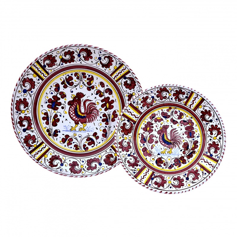Set Piatti Da Tavola 02-Piano Frutta - Decoro Galletto Rosso Antica Deruta