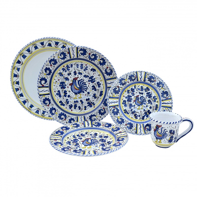 Set Piatti Da Tavola 05 - Decoro Galletto Blu 43b.Blu Antica Deruta