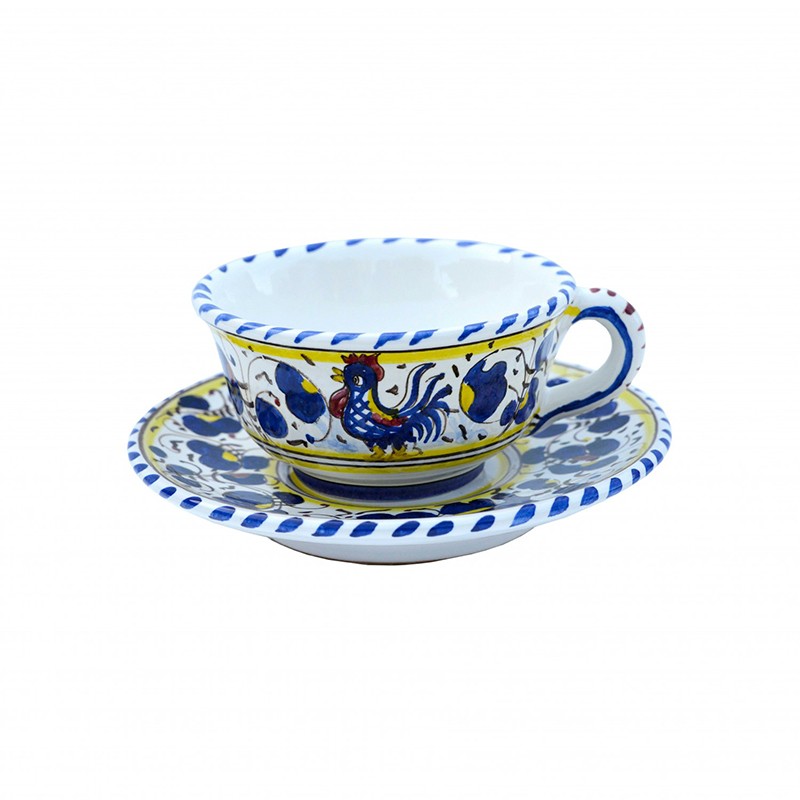 Tea Cup & Saucer - Decor Galletto Blu (43B.Blu) Antica Deruta
