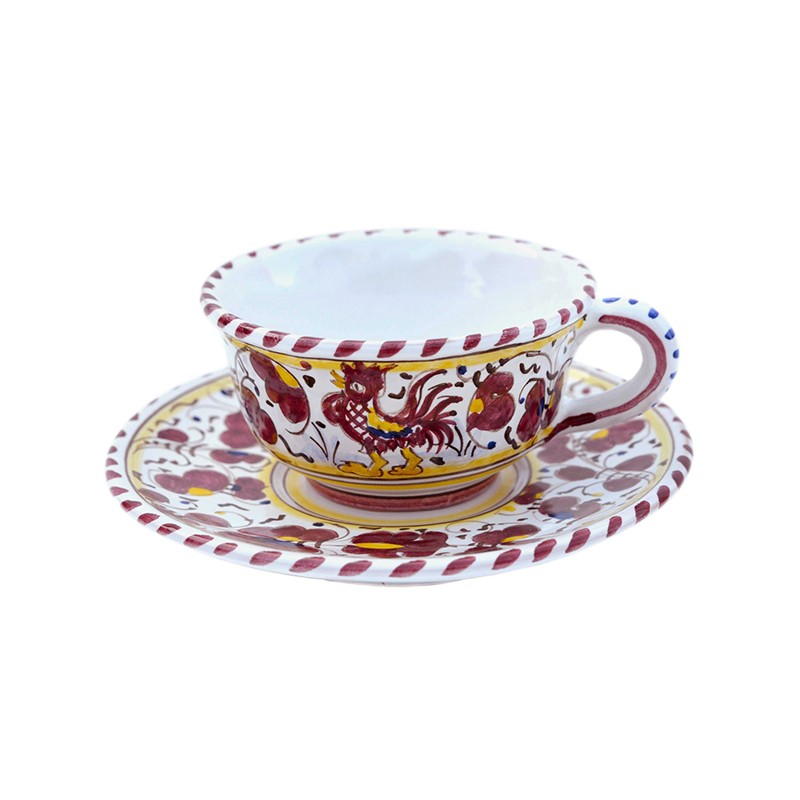 Tea Cup & Saucer - Decoro Galletto Rosso (43b.Red) Antica Deruta