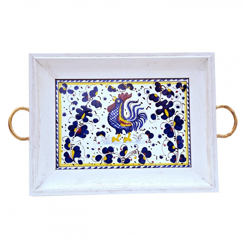 Tray Wood And Ceramic - Decor Galletto Blu Antica Deruta