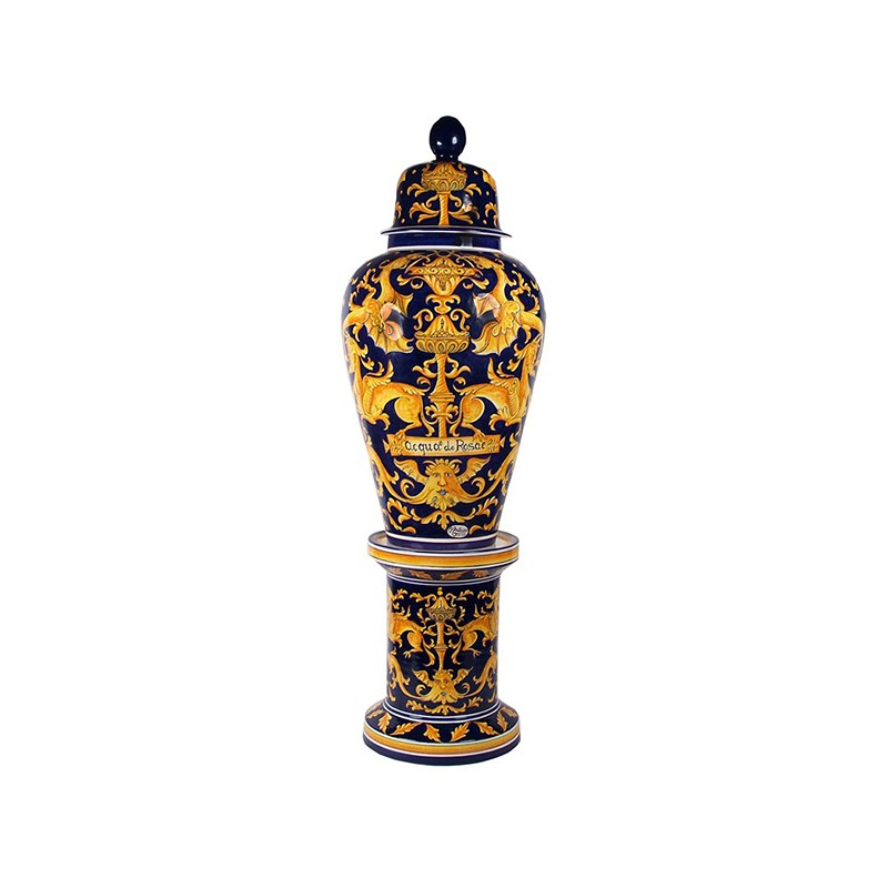 Big Vase/Poutique With Ceramic Base - Decor Grottesche Fondo Blu Antica Deruta